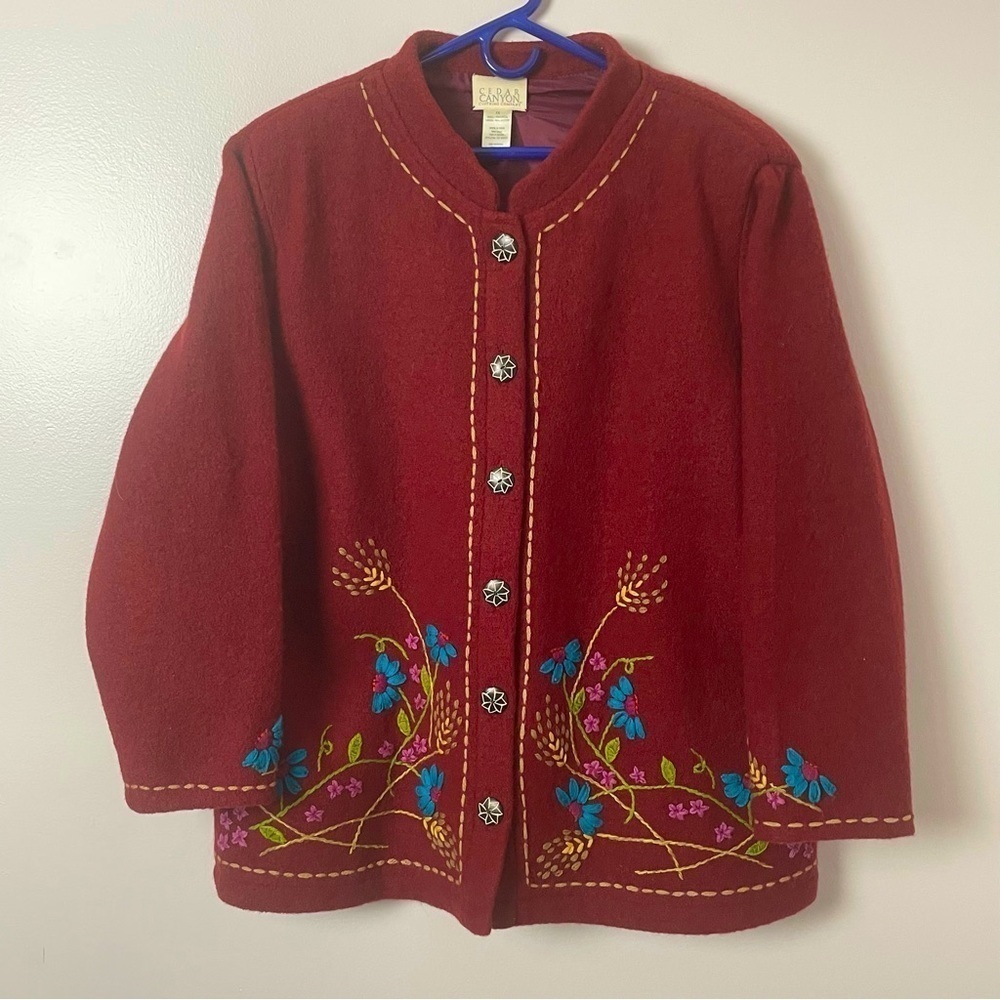 Cedar Canyon Vintage Embroidered Wool Jacket – Burgundy, XL